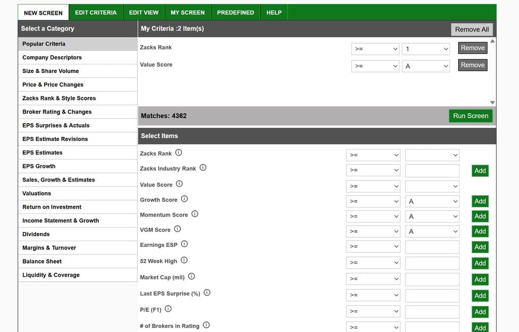 Zacks Premium - Stock Screener